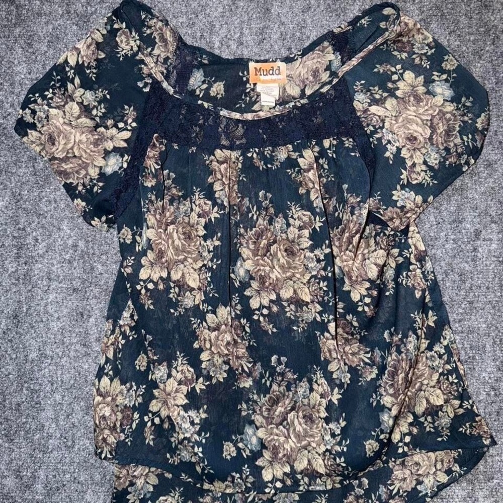 Y2K Mudd Floral Peasant top lacd cottagecore Boho sheer blouse size L